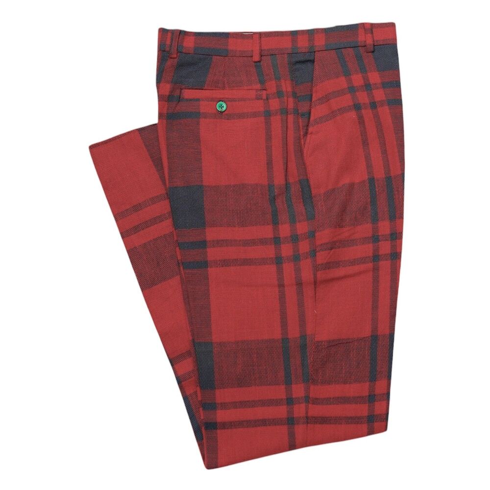 Mens 32 Red Gray Plaid Cotton Pants Straight Fit Flat Front Dress Trousers NWT